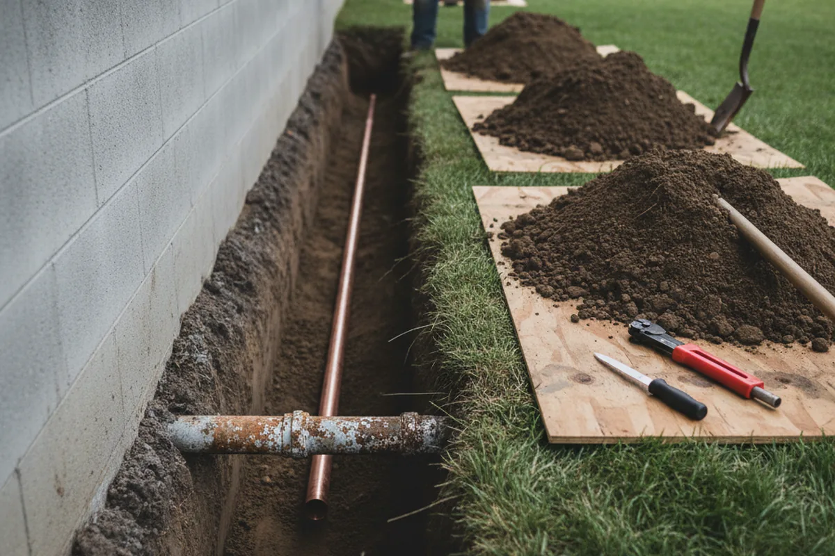 Excavated water line trench during Water Heater Repair in Dawson